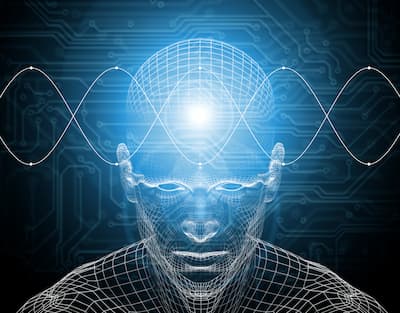 Computer illustration of a glowing blue man with data streaming into his brain